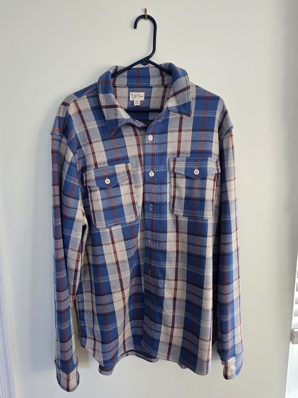 J. Crew Blue and White Plaid Button-Down Shirt with Red Accents